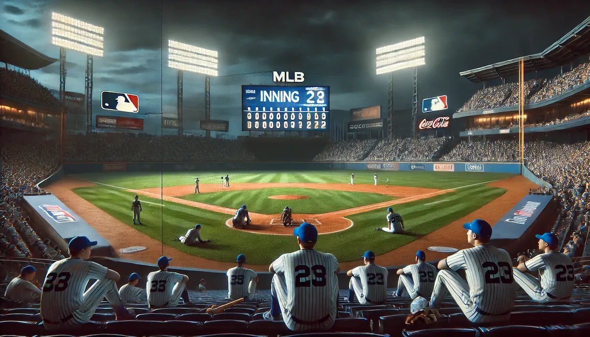 Tired baseball players sit around the stadium as the game goes on for too long.