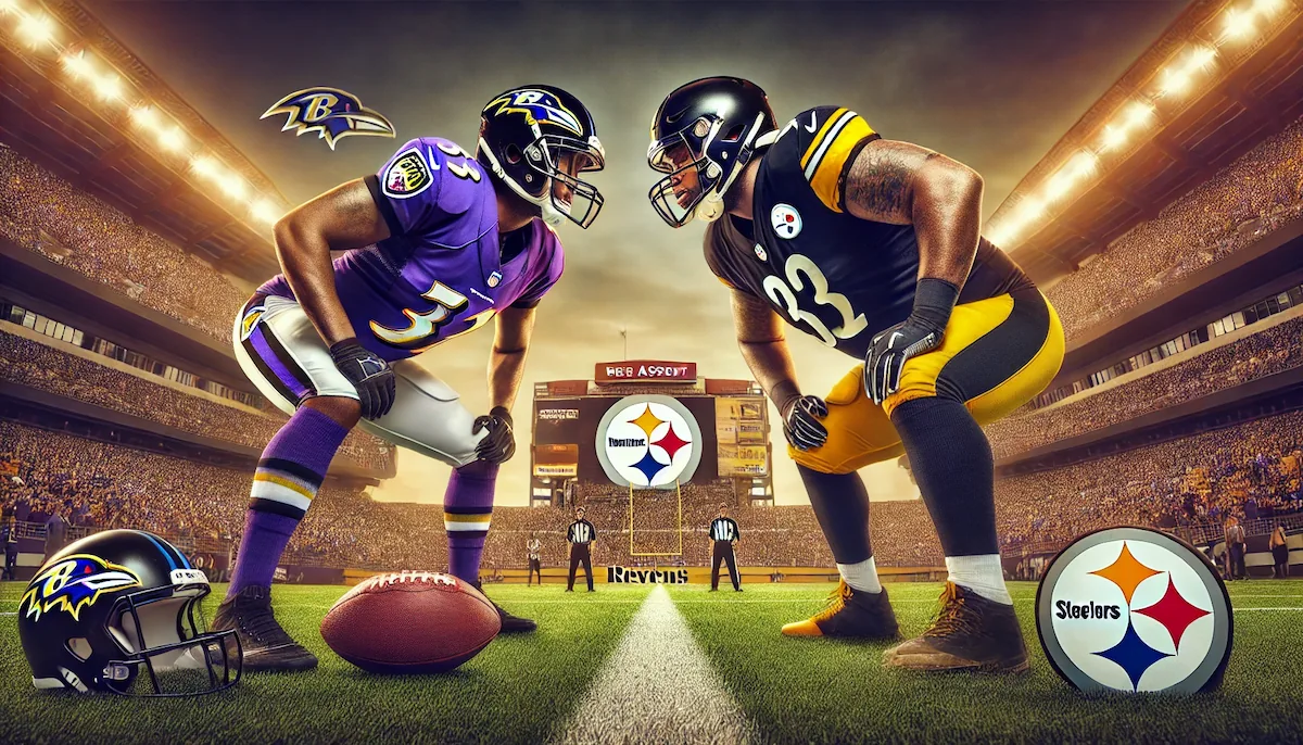 Players from the Pittsburgh Steelers and Baltimore Ravens square off against one another in a floodlit stadium.