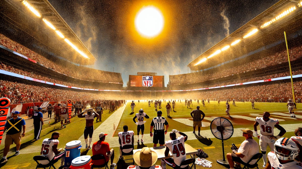 Stylized image of NFL game taking place under a hot sun.