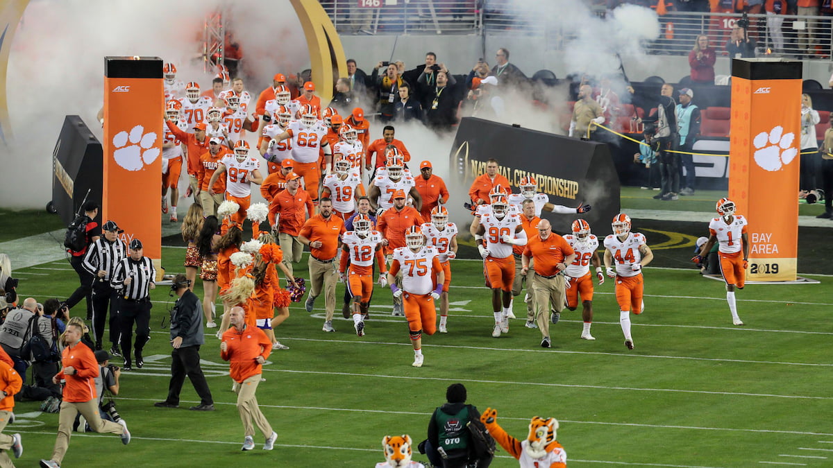 Clemson Tigers take the field for the NCAAF Championship Game.