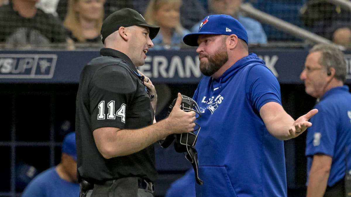 The Toronto Blue Jays managers argues with an umpire.