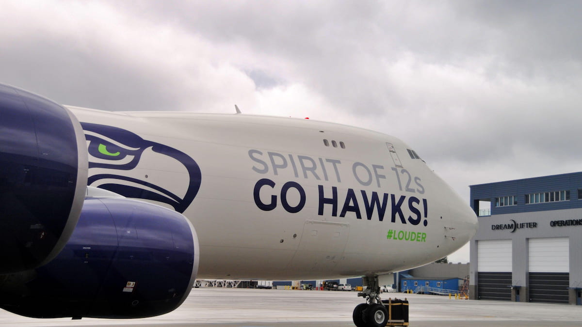 Plane decorated with a message of support for the Seattle Seahawks ahead of their super bowl appearance.