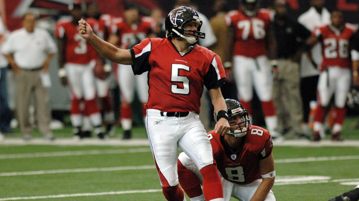 Moren Andersen kicking for the Atlanta Falcons in the NFL.