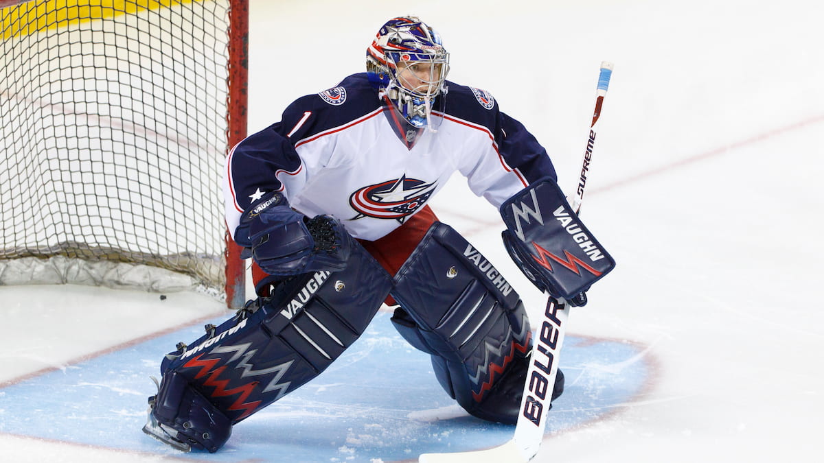 Columbus Bluejackets goalie in action in the NHL.