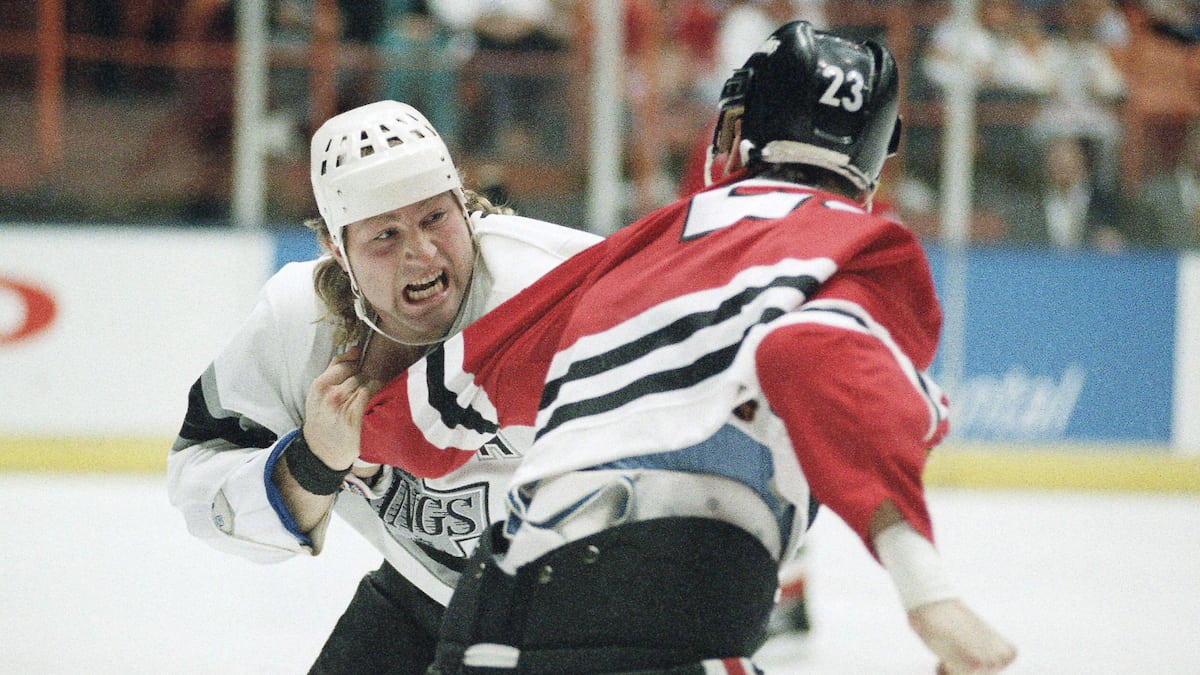 NHL players square up on the ice.