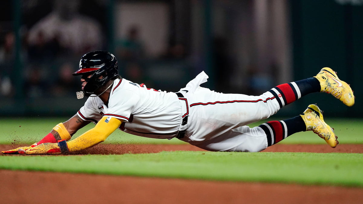 Ronald Acuna Jr steals second base for the Atlanta Braves