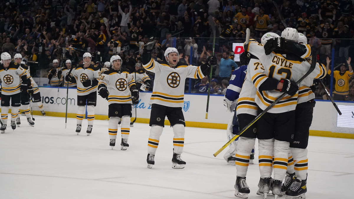 Boston Bruins players celebrating a winning goal.