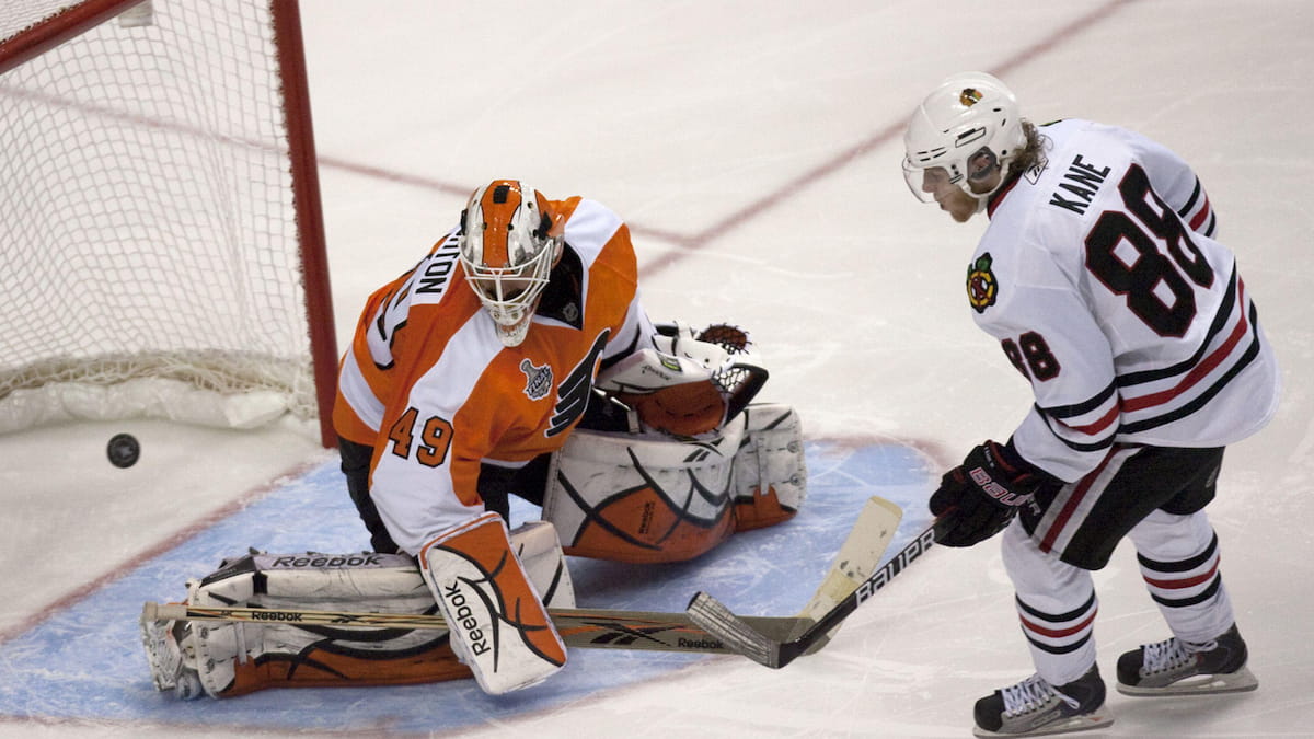 Patrick Kane scores in the playoffs for the Blackhawks against the Flyers.