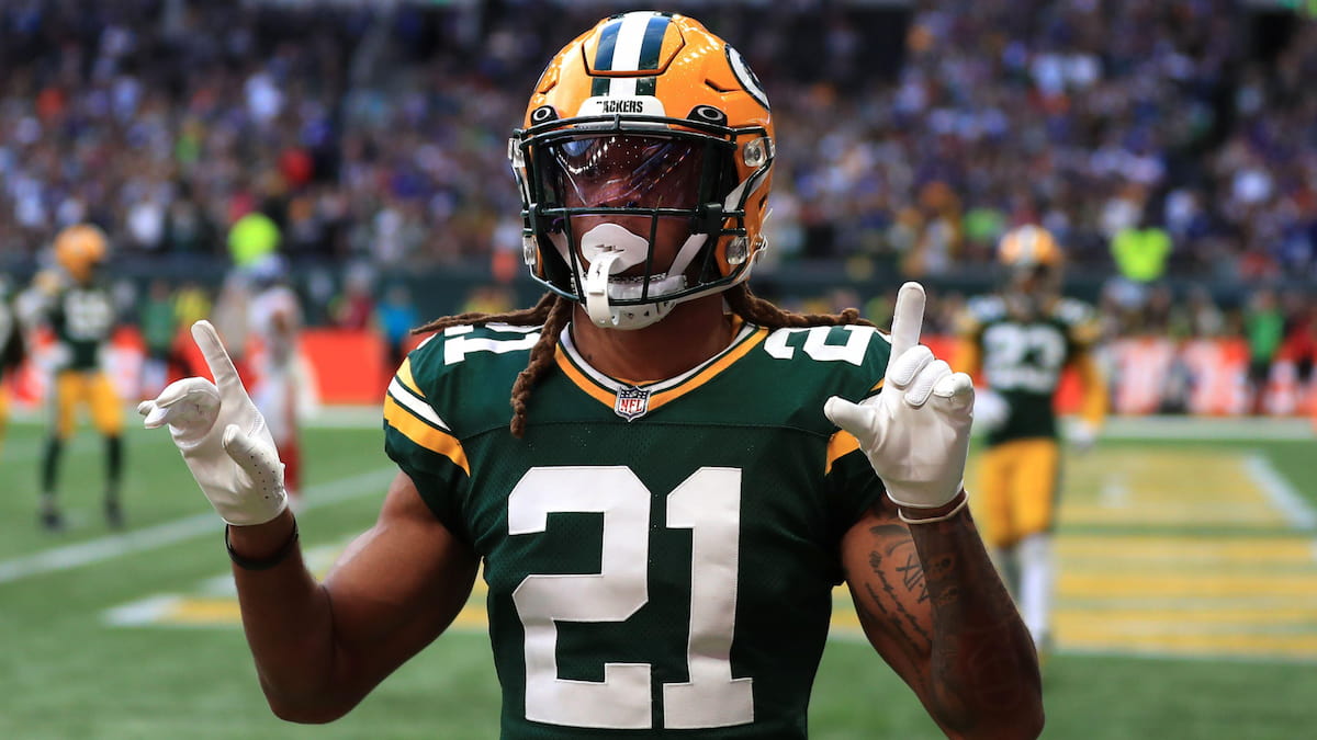 Green Bay Packers' Eric Stokes wearing the iconic green and gold uniform.