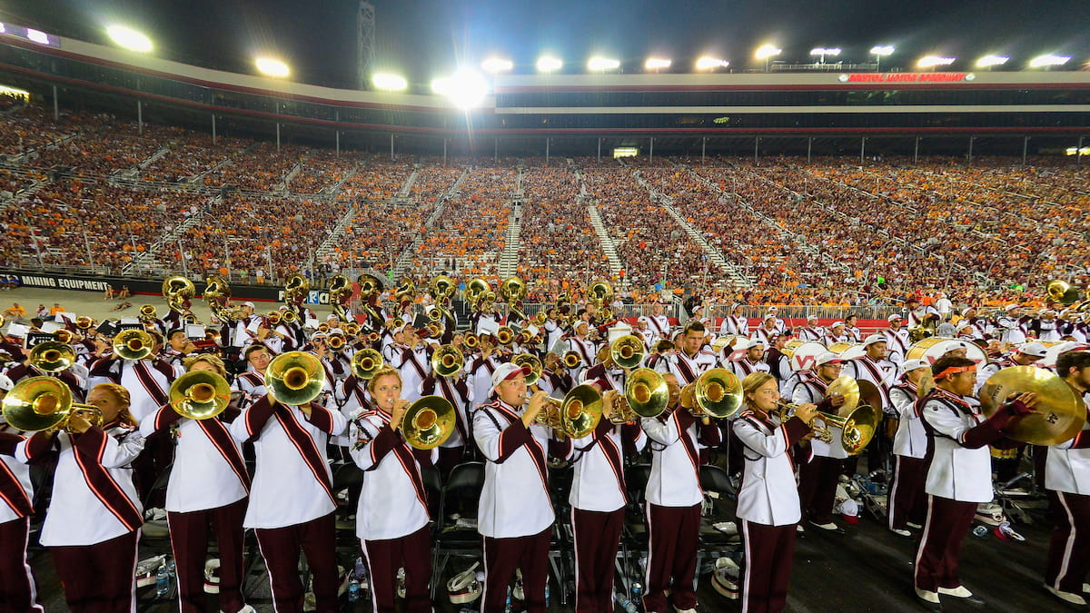 The Virginia Tech band in front of a record-breaking crowd in the Battle at Bristol.