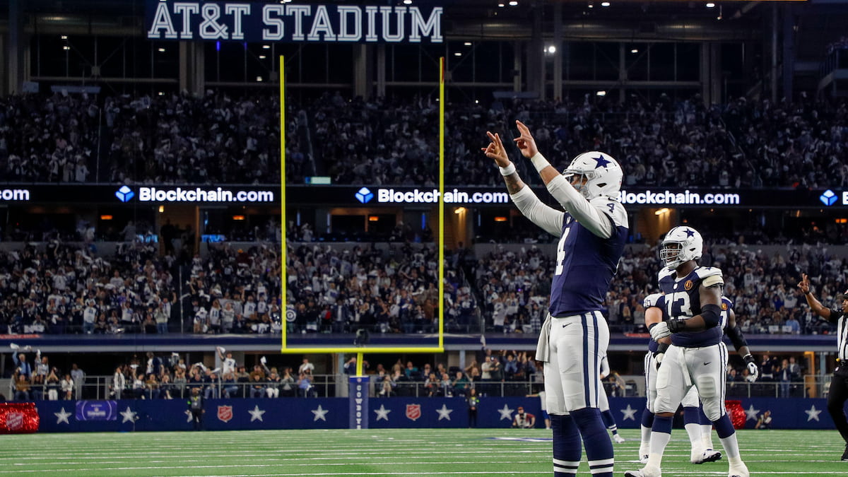 Dak Prescott of the Cowboys salutes the crowd at AT&T Stadium.