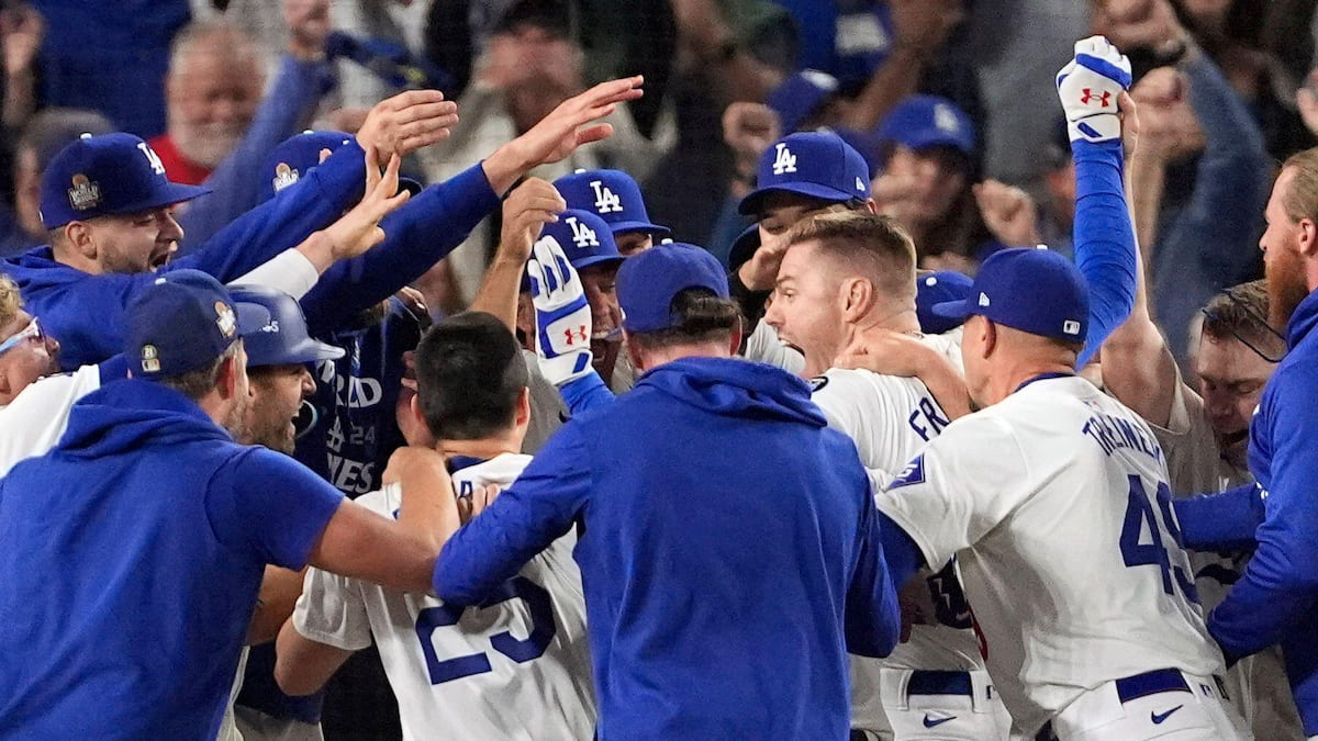 The Los Angeles Dodgers celebrate winning the MLB World Series.