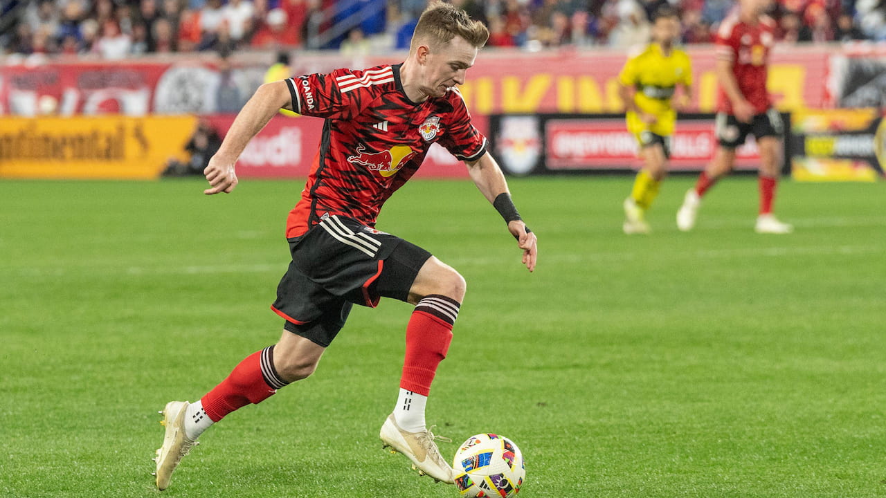 Cameron Harper of the New York Red Bulls with the ball at his feet.