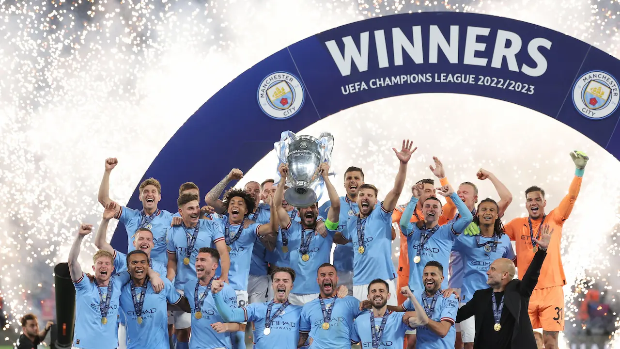 Manchester City celebrating winning the Champions League