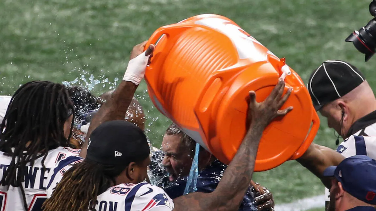 Gatorade bath after the Patriots win after Super Bowl XLIX