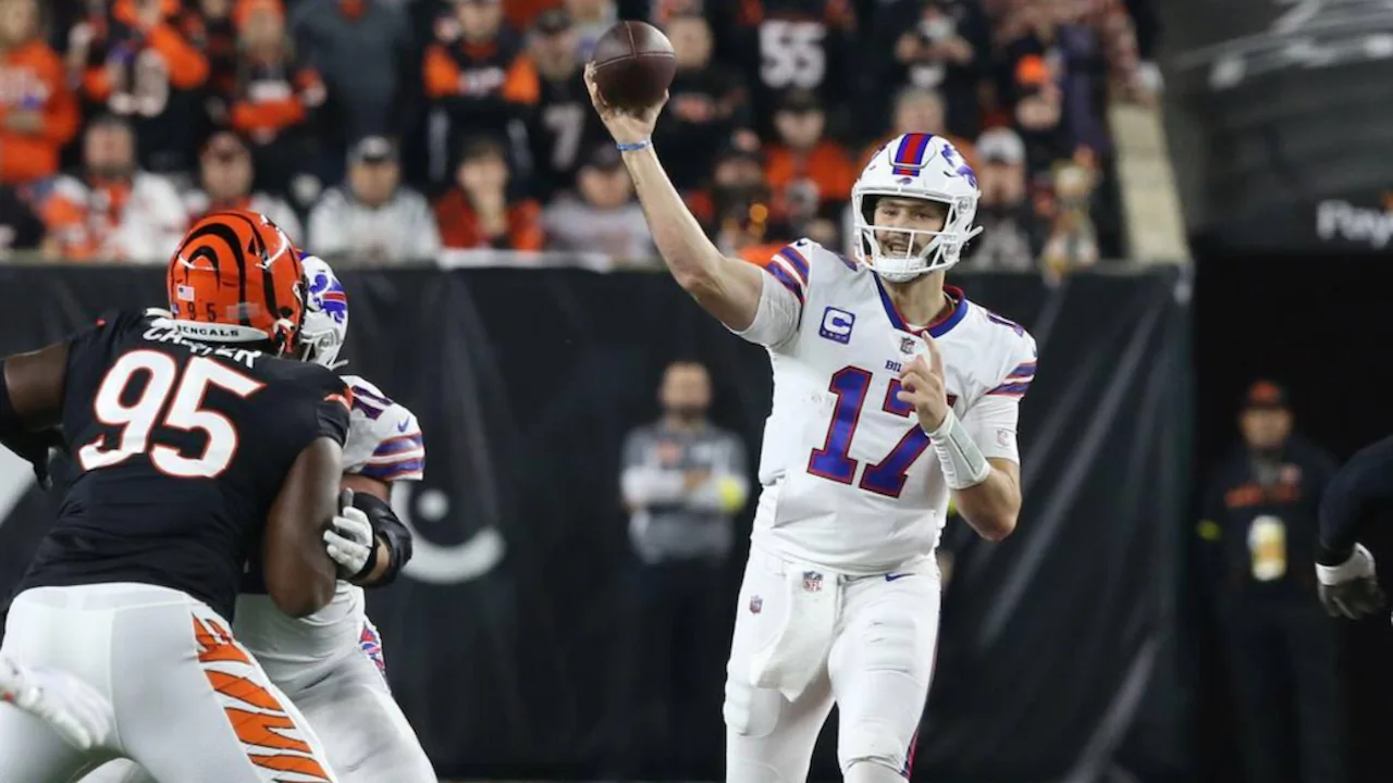 Josh Allen making a throw at QB for the Buffalo Bills.