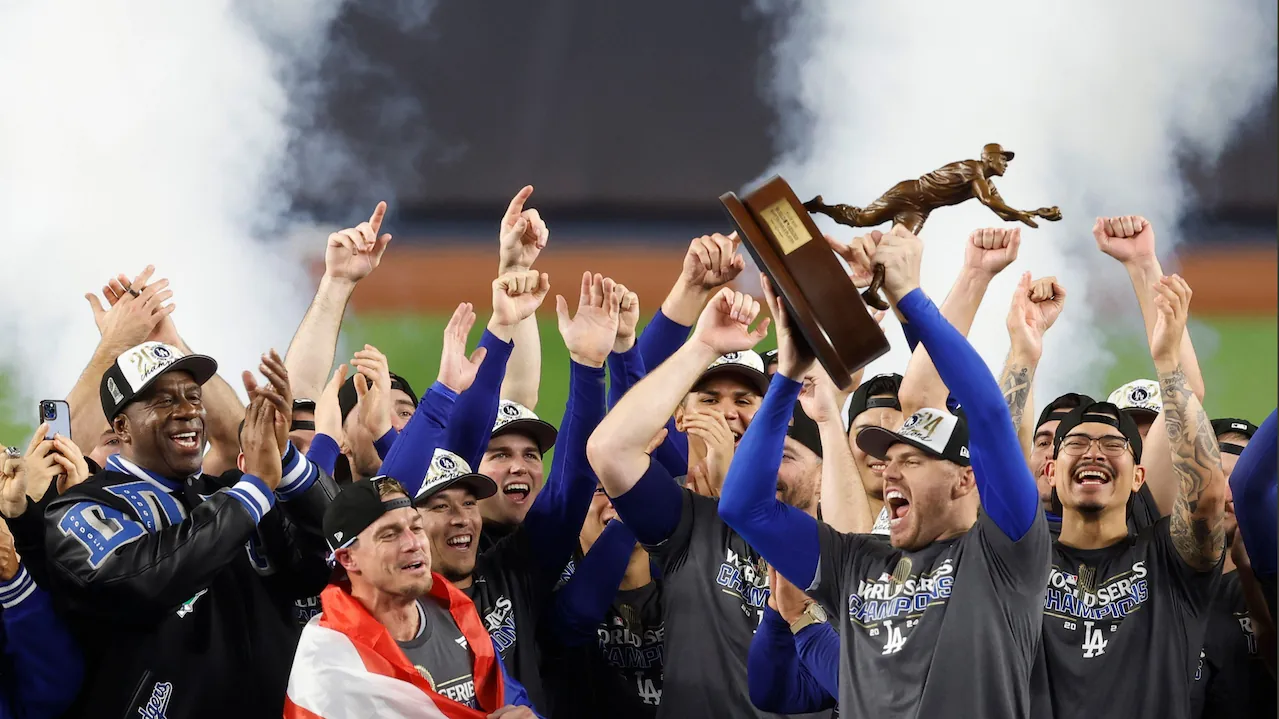 The Los Angeles Dodgers celebrate winning the 2024 MLB World Series against the New York Yankees.