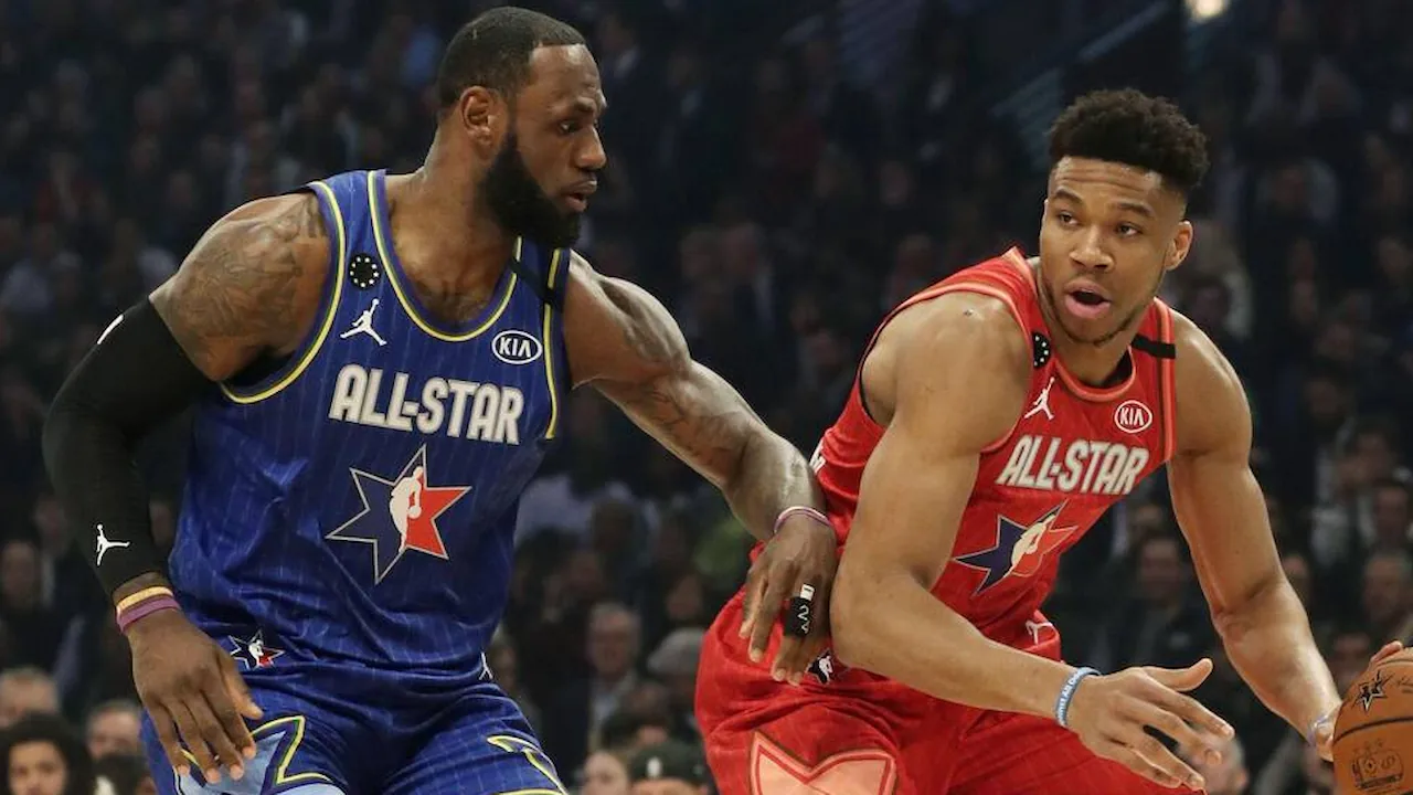 LeBron James and Giannis Antetokounmpo facing off in the 2019-20 NBA All Star Game.