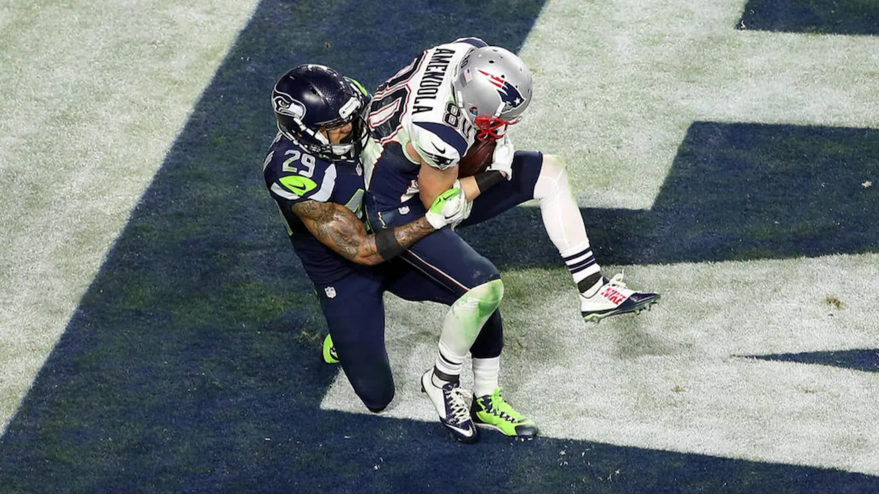 Danny Amendola catching a TD for the Patriots against the Seahawks in the Super Bowl.