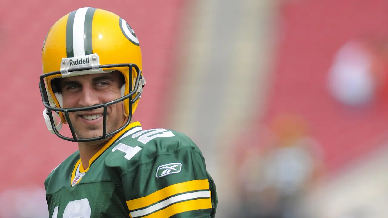 A smiling Aaron Rodgers of the Green Bay Packers.