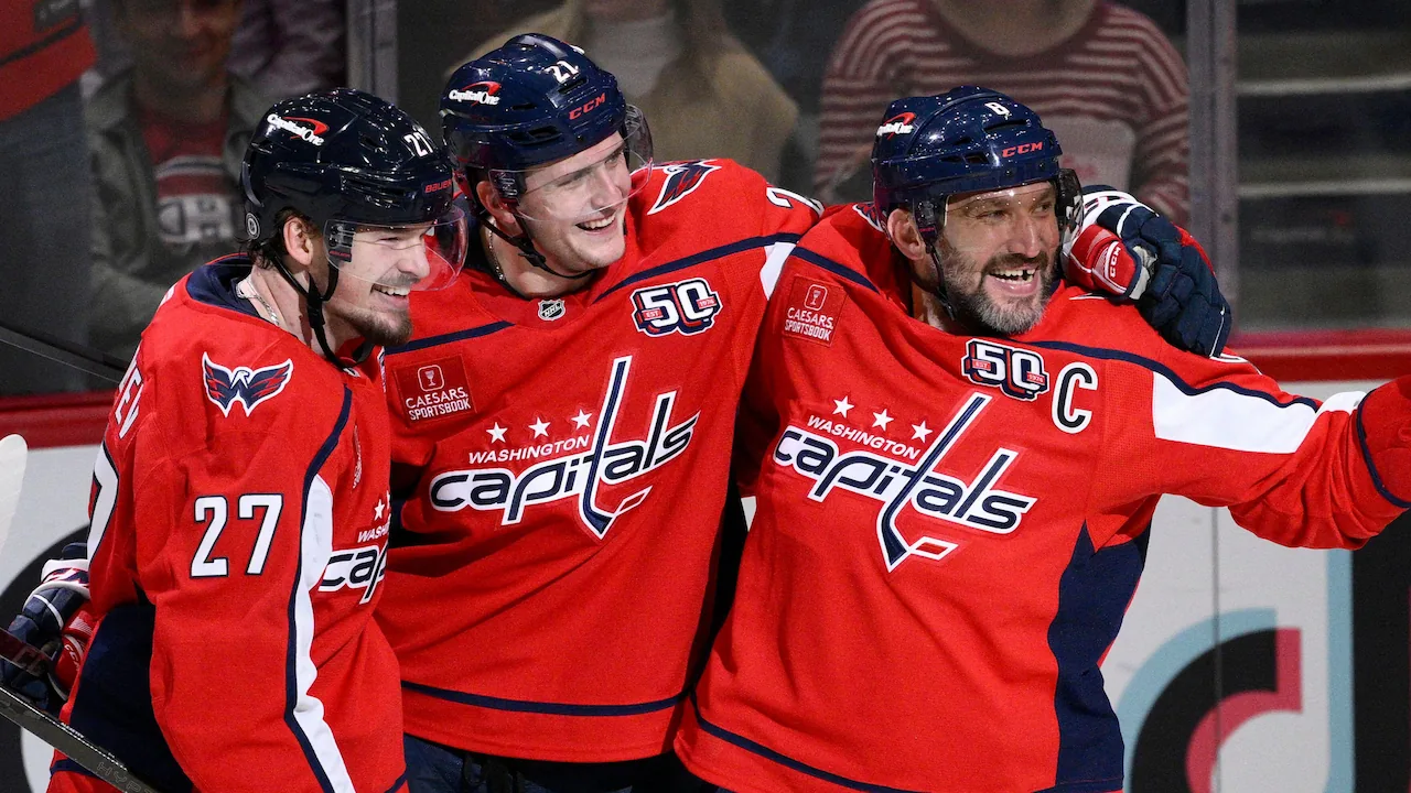 Alexander Ovechkin celebrating a goal for the Washington Capitals.